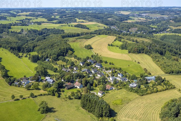 Aerial view, residential area, local view district Beckinghausen, meadows and fields with forest and distant view, Beckinghausen, Kierspe, Sauerland, North Rhine-Westphalia, Germany, DE, Europe, property tax, real estate, aerial view, aerial photography, aerial photography, Ruhr area, overview, bird's-eye view, residential area, living and living, residential area, residential quality, residential neighbourhood, housing estate, residential district, birds-eyes view, overview