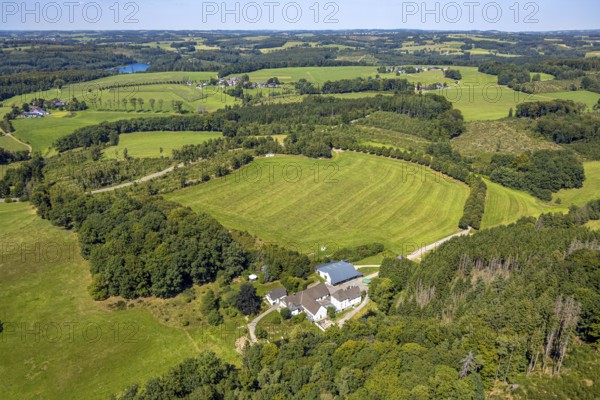 Aerial view, social institution meeting centre Haus Petra in Johanneswerk Wohnverbund Oberes Volmetal, meadows and fields with distant view, Rönsahl, Kierspe, Sauerland, North Rhine-Westphalia, Germany, DE, Europe, aerial view, aerial photography, aerial photography, Ruhr area, social institution, overview, bird's-eye view, bird's-eye view, overview, social work