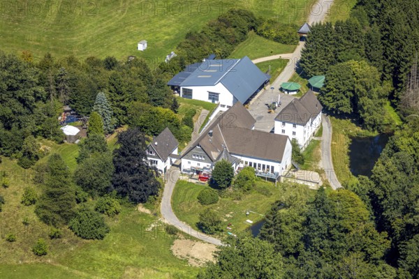 Aerial view, social institution meeting centre Haus Petra in Johanneswerk Wohnverbund Oberes Volmetal, Rönsahl, Kierspe, Sauerland, North Rhine-Westphalia, Germany, DE, Europe, aerial view, aerial photography, aerial photography, Ruhr area, social institution, overview, bird's eye view, birds-eyes view, overview, social work