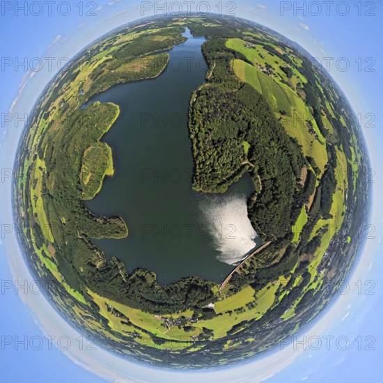 Aerial view, Kerspetalsperre and forest area, earth globe, fisheye image, 360 degree image, tiny world, little planet, fisheye image, Großfastenrath, Wipperfürth, Sauerland, North Rhine-Westphalia, Germany, DE, Europe, Kierspe, aerial view, aerial photography, aerial photography, Ruhr area, lake, dam, overview, bird's-eye view, birds-eyes view, overview