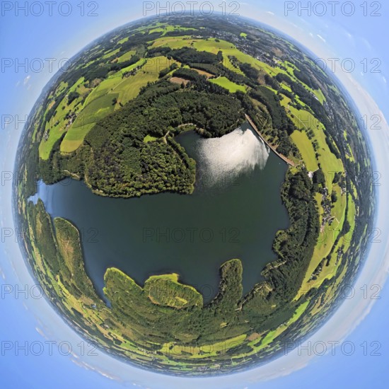 Aerial view, Kerspetalsperre and forest area, earth globe, fisheye image, 360 degree image, tiny world, little planet, fisheye image, Großfastenrath, Wipperfürth, Sauerland, North Rhine-Westphalia, Germany, DE, Europe, Kierspe, aerial view, aerial photography, aerial photography, Ruhr area, lake, dam, overview, bird's-eye view, birds-eyes view, overview