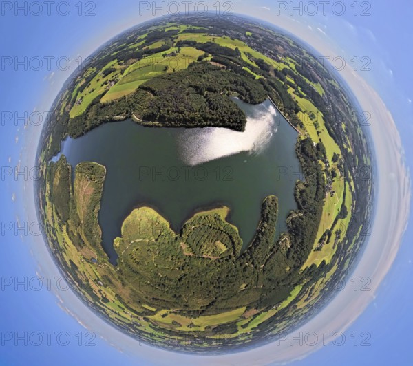 Aerial view, Kerspetalsperre and forest area, earth globe, fisheye image, 360 degree image, tiny world, little planet, fisheye image, Großfastenrath, Wipperfürth, Sauerland, North Rhine-Westphalia, Germany, DE, Europe, Kierspe, aerial view, aerial photography, aerial photography, Ruhr area, lake, dam, overview, bird's-eye view, birds-eyes view, overview