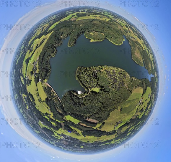 Aerial view, Kerspetalsperre and forest area, earth globe, fisheye image, 360 degree image, tiny world, little planet, fisheye image, Großfastenrath, Wipperfürth, Sauerland, North Rhine-Westphalia, Germany, DE, Europe, Kierspe, aerial view, aerial photography, aerial photography, Ruhr area, lake, dam, overview, bird's-eye view, birds-eyes view, overview