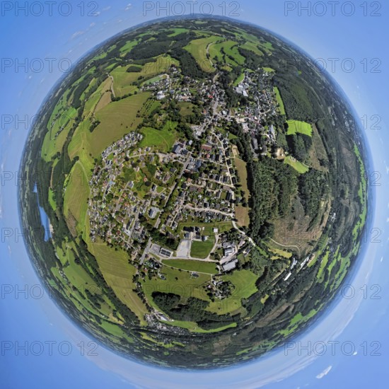 Aerial view, residential area, view of Rönsahl, earth globe, fisheye image, 360 degree image, tiny world, little planet, fisheye image, Rönsahl, Kierspe, Sauerland, North Rhine-Westphalia, Germany, DE, Europe, property tax, real estate, aerial view, aerial photography, aerial photography, Ruhr area, overview, bird's eye view, residential area, living and living, residential area, residential quality, residential neighbourhood, housing estate, residential area, birds-eyes view, overview