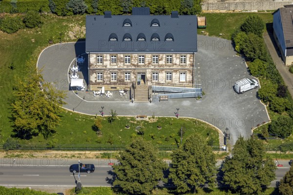 Aerial view, Haus Neuenhof renovation on the main road, Rönsahl, Kierspe, Sauerland, North Rhine-Westphalia, Germany, construction work, construction area, building site, building plots, construction project, construction site, DE, renovation, Europe, aerial photography, aerial photography, aerial photography, renovation, Ruhr area, refurbishment, overview, bird's eye view, birds-eyes view, overview