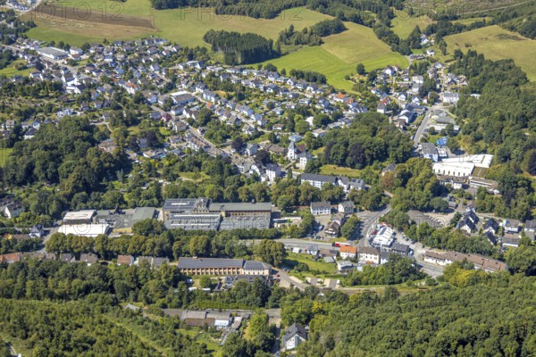 Aerial view, residential area local view district Oberbrügge and catholic church St. Georg Oberbrügge, Halver, Sauerland, North Rhine-Westphalia, Germany, place of worship, DE, Europe, religious community, place of worship, holy place, Kierspe, church, parish, denomination, aerial view, aerial photography, aerial photography, religion, religious site, Ruhr area, overview, bird's-eye view, birds-eyes view, overview