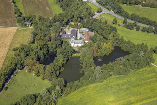 Aerial view, moated castle Haus Rhade, bulwark, Kierspe, Sauerland, North Rhine-Westphalia, Germany, castle, DE, Europe, moat, manor house, manor building, aerial photograph, aerial photography, aerial photography, Ruhr area, castle, overview, bird's-eye view, moated castle, moated castle, birds-eyes view, overview