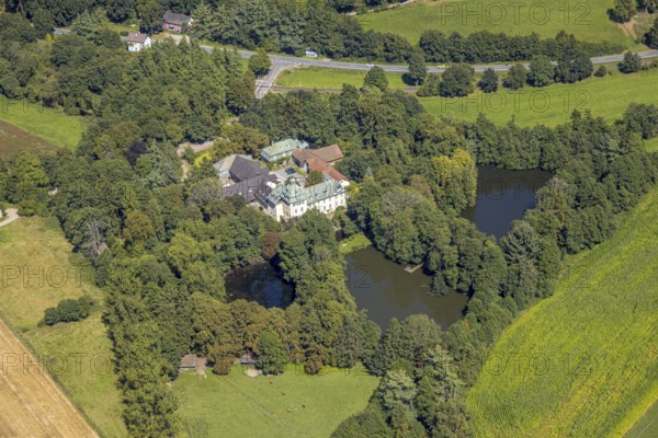 Aerial view, moated castle Haus Rhade, bulwark, Kierspe, Sauerland, North Rhine-Westphalia, Germany, castle, DE, Europe, moat, manor house, manor building, aerial photograph, aerial photography, aerial photography, Ruhr area, castle, overview, bird's-eye view, moated castle, moated castle, birds-eyes view, overview