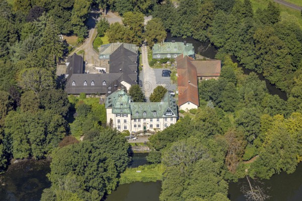 Aerial view, moated castle Haus Rhade, bulwark, Kierspe, Sauerland, North Rhine-Westphalia, Germany, castle, DE, Europe, moat, manor house, manor building, aerial photograph, aerial photography, aerial photography, Ruhr area, castle, overview, bird's-eye view, moated castle, moated castle, birds-eyes view, overview