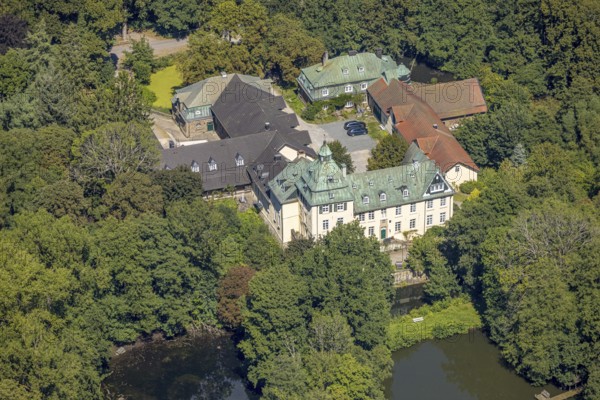 Aerial view, moated castle Haus Rhade, bulwark, Kierspe, Sauerland, North Rhine-Westphalia, Germany, castle, DE, Europe, moat, manor house, manor building, aerial photograph, aerial photography, aerial photography, Ruhr area, castle, overview, bird's-eye view, moated castle, moated castle, birds-eyes view, overview