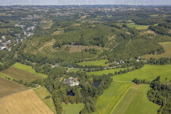 Aerial view, moated castle Haus Rhade, bulwark, Kierspe, Sauerland, North Rhine-Westphalia, Germany, castle, DE, Europe, moat, manor house, manor building, aerial photograph, aerial photography, aerial photography, Ruhr area, castle, overview, bird's-eye view, moated castle, moated castle, birds-eyes view, overview