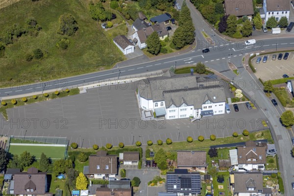 Aerial view, Christian Community Centre Halver e.V. and car park, Ehringhausen, Halver, Sauerland, North Rhine-Westphalia, Germany, place of worship, DE, Europe, religious community, place of worship, holy place, Kierspe, church, parish, aerial view, aerial photography, aerial photography, religion, religious site, Ruhr area, overview, bird's-eye view, bird's-eye view, overview
