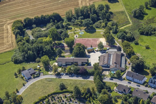 Aerial view, Kita Wunderland day care centre and children's and youth club Die Insel, sports field, Oberbrügge, Halver, Sauerland, North Rhine-Westphalia, Germany, DE, Europe, youth club, Kierspe, kindergarten, day care centre, day care centre, day care centre, aerial view, aerial photography, aerial photography, aerial photography, Ruhr area, overview, bird's-eye view, overview