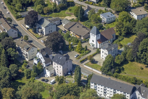 Aerial view, catholic church St. Georg Oberbrügge, Halver, Sauerland, North Rhine-Westphalia, Germany, place of worship, DE, Europe, religious community, place of worship, holy place, Kierspe, church, parish, denomination, aerial view, aerial photography, aerial photography, religion, religious site, Ruhr area, overview, bird's-eye view, birds-eyes view, overview