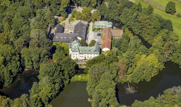 Aerial view, moated castle Haus Rhade, bulwark, Kierspe, Sauerland, North Rhine-Westphalia, Germany, castle, DE, Europe, moat, manor house, manor building, aerial photograph, aerial photography, aerial photography, Ruhr area, castle, overview, bird's-eye view, moated castle, moated castle, birds-eyes view, overview