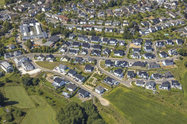 Aerial view, construction site single-family house new housing estate Ebbeblick, Kierspe, Sauerland, North Rhine-Westphalia, Germany, construction work, construction area, construction site, building plots, construction measure, construction project, construction site, DE, single-family houses, Europe, property tax, real estate, aerial view, aerial photography, aerial photography, new construction, Ruhr area, overview, bird's eye view, residential complex, living and living, residential area, residential buildings, residential quality, residential neighbourhood, residential estate, residential area, birds-eyes view, overview