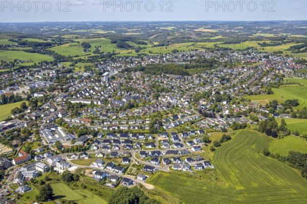 Aerial view, general view residential area local view Kierspe with construction site single-family house new housing estate Ebbeblick, Kierspe, Sauerland, North Rhine-Westphalia, Germany, construction work, construction area, building site, building plots, construction project, construction site, DE, single-family houses, Europe, property tax, real estate, aerial view, aerial photography, aerial photography, new construction, Ruhr area, overview, bird's-eye view, residential area, residential area, residential buildings, residential quality, residential neighbourhood, residential estate, residential district, birds-eyes view, overview