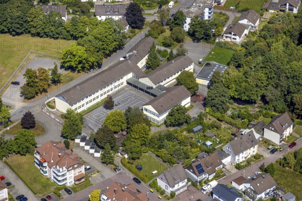 Aerial photo, Pestalozzi School, Kierspe railway station, Kierspe, Sauerland, North Rhine-Westphalia, Germany, education, educational institution, DE, Europe, primary school, educational institute, aerial photo, aerial photography, aerial photography, Ruhr area, school, schoolyard, overview, bird's-eye view, birds-eyes view, overview