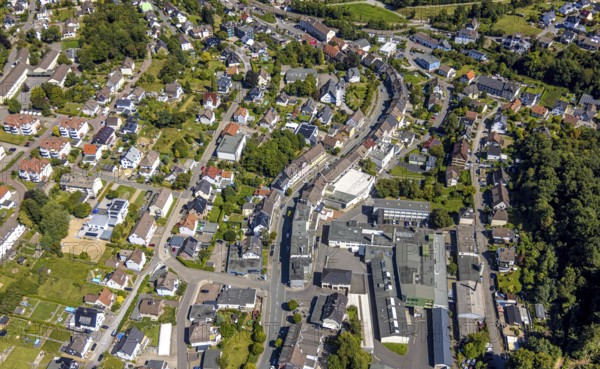 Aerial view, residential area Kölner Straße federal road B237 between Am Knapp and Hammerkamp, Carl Bechem GmbH chemical plant, Kierspe railway station, Kierspe, Sauerland, North Rhine-Westphalia, Germany, City, DE, Europe, commercial enterprise, commercial area, commercial property, commercial location, commercial use, property tax, real estate, aerial view, aerial photography, aerial photography, Ruhr area, overview, bird's-eye view, residential area, living and living, residential area, residential quality, residential neighbourhood, residential estate, residential area, birds-eyes view, overview