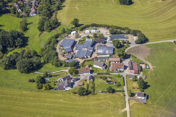 Aerial view, Schriever's Bauernladen farm shop with solar roof, Vorderste Berb, Kierspe, Sauerland, North Rhine-Westphalia, Germany, DE, shopping, shopping place, Europe, agricultural farm, aerial view, aerial photography, aerial photography, Ruhr area, overview, bird's eye view, birds-eyes view, overview
