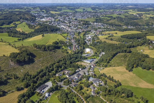 Aerial view, general view residential area, local view Kierspe, distant view, Sauerland, North Rhine-Westphalia, Germany, DE, Europe, property tax, real estate, Kierspe, aerial view, aerial photography, aerial photography, Ruhr area, overview, bird's-eye view, residential complex, living and living, residential area, quality of living, residential neighbourhood, housing estate, residential area, birds-eyes view, overview