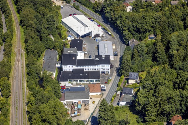 Aerial view, commercial area Volmestraße with CAWI Oberflächenbearbeitung GmbH, Kierspe railway station, Kierspe, Sauerland, North Rhine-Westphalia, Germany, Carl-August-Wirth, DE, Europe, commercial enterprise, commercial area, commercial area, commercial property, commercial park, commercial site, commercial use, industrial area, industrial site, aerial photograph, aerial photography, aerial photography, Ruhr area, overview, bird's-eye view, birds-eyes view, overview