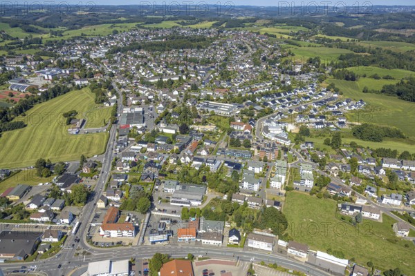 Aerial view, general view residential area local view Kierspe with town hall, Kierspe railway station, Kierspe, Sauerland, North Rhine-Westphalia, Germany, authority, community centre, DE, Europe, property tax, real estate, aerial view, aerial photography, aerial photography, town hall, Ruhr area, city administration, overview, bird's eye view, residential area, living and living, residential area, quality of life, residential quarter, housing estate, residential area, birds-eyes view, overview
