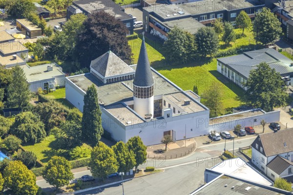 Aerial view, catholic community St. Josef church, Kierspe railway station, Kierspe, Sauerland, North Rhine-Westphalia, Germany, place of worship, DE, Europe, religious community, place of worship, holy place, church, church community, denomination, aerial view, aerial photography, aerial photography, religion, religious site, Ruhr area, overview, bird's-eye view, birds-eyes view, overview