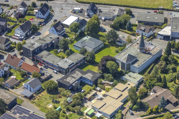 Aerial view, catholic community St. Josef church, Kierspe railway station, Kierspe, Sauerland, North Rhine-Westphalia, Germany, place of worship, DE, Europe, religious community, place of worship, holy place, church, church community, denomination, aerial view, aerial photography, aerial photography, religion, religious site, Ruhr area, overview, bird's-eye view, birds-eyes view, overview