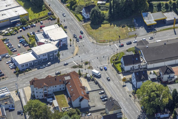 Aerial view, intersection Friedrich-Ebert-Straße and Kölner Straße federal road B237, Kierspe, Sauerland, North Rhine-Westphalia, Germany, DE, Europe, intersection, aerial view, aerial photography, aerial photography, Ruhr area, road traffic, overview, bird's-eye view, overview