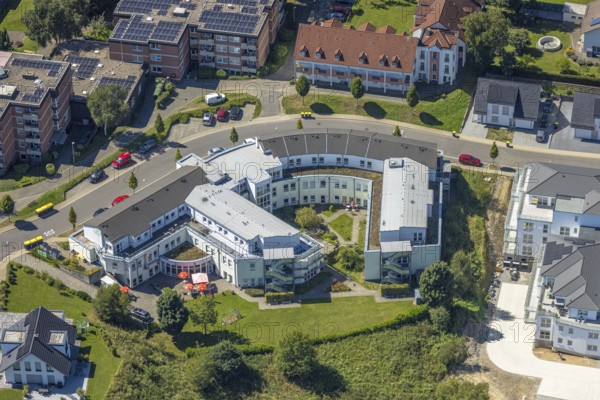 Aerial view, senior citizens' residence Kierspe-Volmetal, Kierspe railway station, Kierspe, Sauerland, North Rhine-Westphalia, Germany, retirement home, nursing home, care and nursing, DE, Europe, aerial view, aerial photography, aerial photography, care facility, Ruhr area, retirement home, senior citizens' residence, senior citizens' home, senior citizens' centre, overview, bird's-eye view, overview