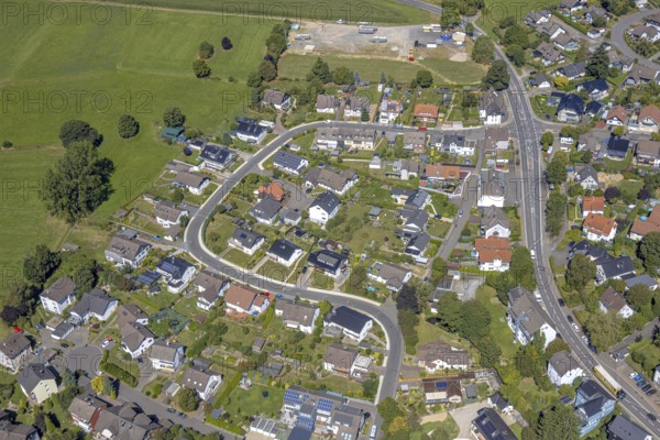 Aerial view, housing estate, residential area Am Hedberg and Friedrich-Ebert-Straße, fairground, Kierspe-Dorf, Kierspe, Sauerland, North Rhine-Westphalia, Germany, DE, Europe, property tax, real estate, aerial view, aerial photography, aerial photography, Ruhr area, overview, bird's-eye view, housing estate, housing and living, residential area, residential quality, residential neighbourhood, housing estate, residential district, birds-eyes view, overview