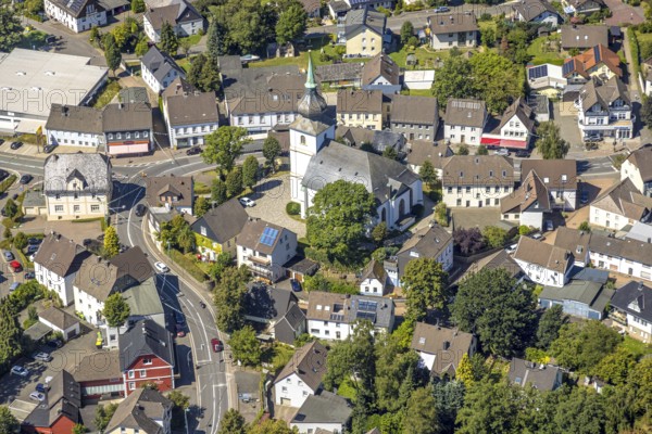 Aerial view, Protestant St. Margaret's Church in the centre of Kierspe-Dorf, Kierspe, Sauerland, North Rhine-Westphalia, Germany, place of worship, DE, Europe, religious community, place of worship, holy place, church, parish, denomination, aerial view, aerial photography, aerial photography, religion, religious site, Ruhr area, overview, bird's-eye view, birds-eyes view, overview