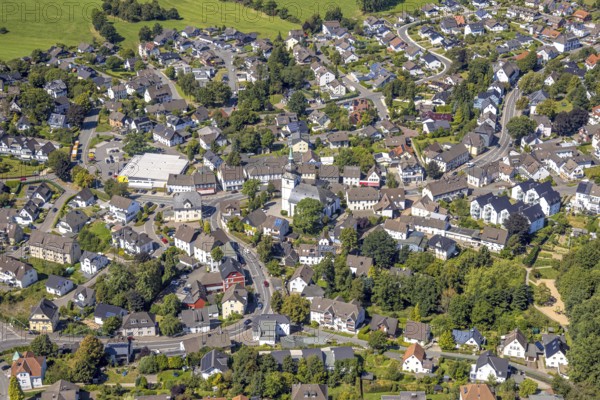 Aerial view, residential area with evang. Margarethenkirche, Kierspe-Dorf, Kierspe, Sauerland, North Rhine-Westphalia, Germany, place of worship, DE, Europe, religious community, place of worship, property tax, holy place, real estate, church, parish, denomination, aerial view, aerial photography, aerial photography, religion, religious site, Ruhr area, overview, bird's-eye view, residential area, living and life, residential area, residential quality, residential neighbourhood, housing estate, residential area, birds-eyes view, overview
