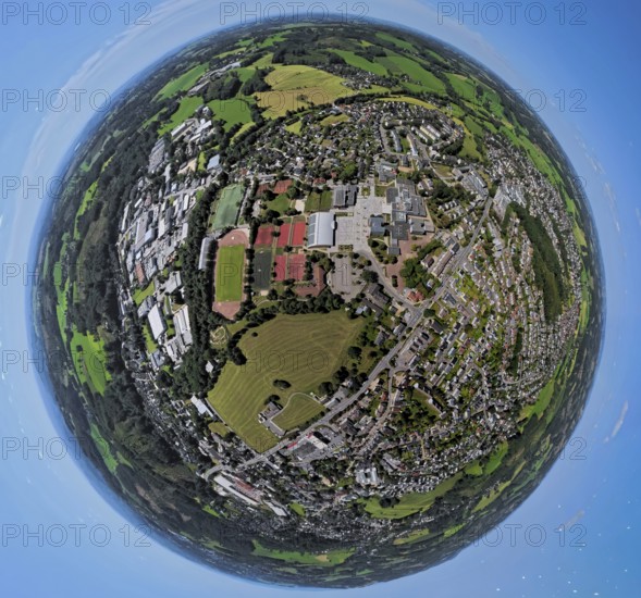 Aerial photo, Sportpark Kierspe and comprehensive school, globe, fisheye image, fisheye image, 360 degree image, tiny world, little planet, fisheye image, Höferhof, Kierspe, Sauerland, North Rhine-Westphalia, Germany, education, educational institution, DE, Europe, football, football field, football stadium, comprehensive school, educational institute, aerial photography, aerial photography, aerial photography, Ruhr area, school, sports, sports facility, sports field, tennis, tennis facility, tennis court, tennis courts, tennis club, overview, bird's-eye view, overview