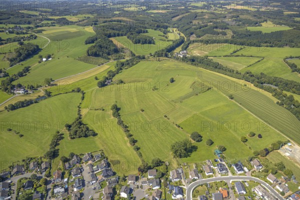 Aerial view, meadows and fields with single trees, CVJM Kierspe e.V., Thal, LSG landscape conservation area, Kierspe, Sauerland, North Rhine-Westphalia, Germany, DE, Europe, hilly landscape, hilly landscape and distant view, aerial view, aerial photography, aerial photography, Ruhr area, overview, bird's-eye view, meadows and fields, meadow area, meadow landscape, meadow piece, birds-eyes view, overview