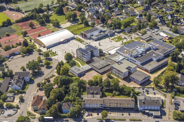 Aerial photo, Kierspe Comprehensive School and Felderhof Sports Hall, Höferhof, Kierspe, Sauerland, North Rhine-Westphalia, Germany, education, educational institution, DE, Europe, comprehensive school, educational institute, aerial photo, aerial photography, aerial photography, Ruhr area, school, overview, bird's-eye view, bird's-eye view, overview