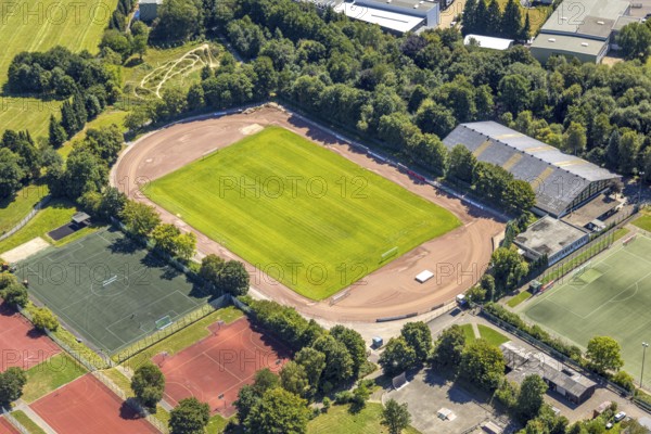 Aerial view, Sportpark Am Stadion, grass stadium with athletics track, football stadium Kiersper Sport-Club e.V. and tennis courts, Höferhof, Kierspe, Sauerland, North Rhine-Westphalia, Germany, DE, Europe, aerial view, aerial photography, aerial photography, Ruhr area, overview, bird's eye view, birds-eyes view, overview