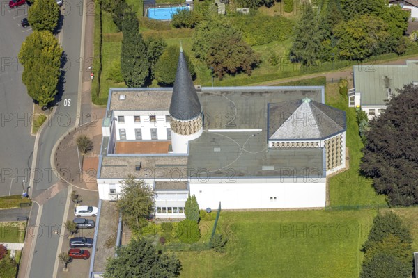 Aerial view, catholic community St. Josef church, Kierspe railway station, Kierspe, Sauerland, North Rhine-Westphalia, Germany, place of worship, DE, Europe, religious community, place of worship, holy place, church, church community, denomination, aerial view, aerial photography, aerial photography, religion, religious site, Ruhr area, overview, bird's-eye view, birds-eyes view, overview