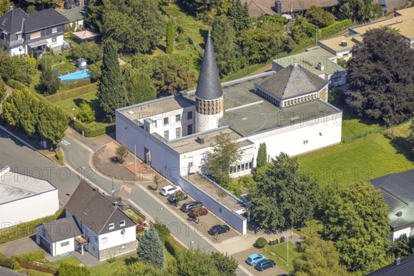 Aerial view, catholic community St. Josef church, Kierspe railway station, Kierspe, Sauerland, North Rhine-Westphalia, Germany, place of worship, DE, Europe, religious community, place of worship, holy place, church, church community, denomination, aerial view, aerial photography, aerial photography, religion, religious site, Ruhr area, overview, bird's-eye view, birds-eyes view, overview