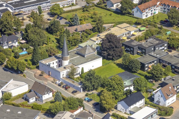 Aerial view, catholic community St. Josef church, Kierspe railway station, Kierspe, Sauerland, North Rhine-Westphalia, Germany, place of worship, DE, Europe, religious community, place of worship, holy place, church, church community, denomination, aerial view, aerial photography, aerial photography, religion, religious site, Ruhr area, overview, bird's-eye view, birds-eyes view, overview