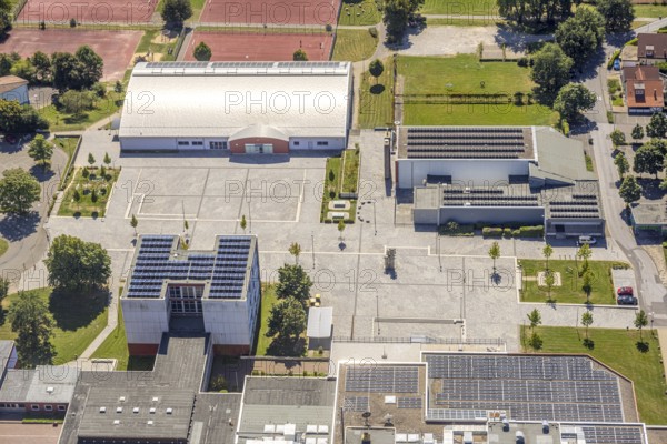 Aerial view, sports hall Felderhof and forum at the comprehensive school, Höferhof, Kierspe, Sauerland, North Rhine-Westphalia, Germany, DE, Europe, aerial view, aerial photography, aerial photography, Ruhr area, school, sports hall, gym, overview, bird's-eye view, overview