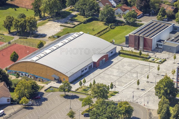 Aerial view, sports hall Felderhof, Vierfeldhalle, Höferhof, Kierspe, Sauerland, North Rhine-Westphalia, Germany, DE, Europe, aerial view, aerial photography, aerial photography, Ruhr area, overview, bird's eye view, birds-eyes view, overview