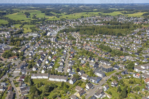 Aerial view, residential area local view around Bachstraße and Am Krähennocken, wooded area with cemetery, Kierspe, Sauerland, North Rhine-Westphalia, Germany, DE, Europe, property tax, real estate, aerial view, aerial photography, aerial photography, Ruhr area, overview, bird's-eye view, residential area, living and life, residential area, residential quality, residential neighbourhood, housing estate, residential district, birds-eyes view, overview