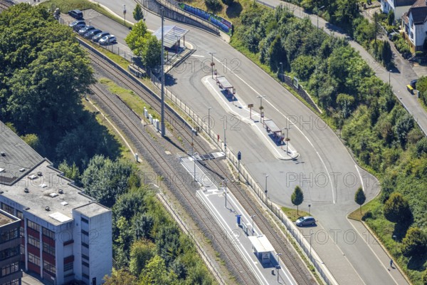 Aerial view, railway station with platform and bus station ZOB, Kierspe railway station, Kierspe, Sauerland, North Rhine-Westphalia, Germany, railway area, railway station, platform, DE, Deutsche Bahn AG, Europe, track systems, tracks, aerial view, aerial photography, aerial photography, Ruhr area, overview, bird's eye view, ZOB bus station, birds-eyes view, overview