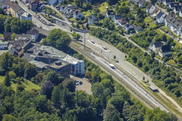 Aerial view, railway station with platform and bus station ZOB, Kierspe railway station, Kierspe, Sauerland, North Rhine-Westphalia, Germany, railway area, railway station, platform, DE, Deutsche Bahn AG, Europe, track systems, tracks, aerial view, aerial photography, aerial photography, Ruhr area, overview, bird's eye view, ZOB bus station, birds-eyes view, overview
