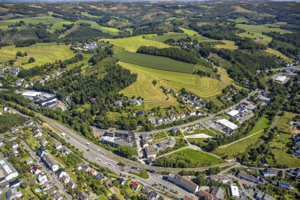Aerial view, railway station with platform and bus station ZOB, VolmeFreizeitPark, hilly landscape with meadows and fields, Kierspe railway station, Kierspe, Sauerland, North Rhine-Westphalia, Germany, DE, Europe, leisure activity, aerial view, aerial photography, aerial photography, park, Ruhr area, overview, bird's-eye view, birds-eyes view, overview