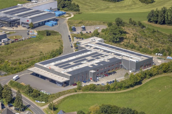Aerial view, commercial area at Funkenhof with Goletz GmbH manufacturer with solar roof, Höferhof, Kierspe, Sauerland, North Rhine-Westphalia, Germany, DE, Europe, commercial enterprise, commercial space, commercial area, commercial property, commercial park, commercial location, commercial use, industrial area, industrial location, aerial photograph, aerial photography, aerial photography, Ruhr area, overview, bird's eye view, birds-eyes view, overview
