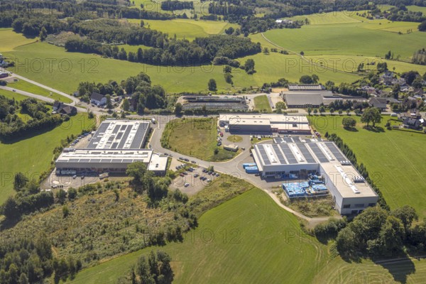 Aerial view, commercial area at Funkenhof, with CAWi Kunststofftechnik GmbH and Goletz GmbH manufacturer, solar panels on the roof, Höferhof, Kierspe, Sauerland, North Rhine-Westphalia, Germany, DE, Europe, commercial enterprise, commercial space, commercial area, commercial property, business park, commercial location, commercial use, industrial area, industrial location, aerial view, aerial photography, aerial photography, aerial photography, Ruhr area, overview, bird's-eye view, birds-eyes view, overview