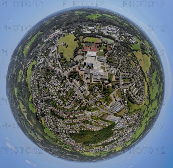 Aerial photo, Sportpark Kierspe and comprehensive school, globe, fisheye image, fisheye image, 360 degree image, tiny world, little planet, fisheye image, Höferhof, Kierspe, Sauerland, North Rhine-Westphalia, Germany, education, educational institution, DE, Europe, football, football field, football stadium, comprehensive school, educational institute, aerial photography, aerial photography, aerial photography, Ruhr area, school, sports, sports facility, sports field, tennis, tennis facility, tennis court, tennis courts, tennis club, overview, bird's-eye view, overview